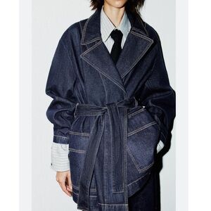 MWT Zara Short Belted Denim Jacket Dark Indigo Sz:M-L